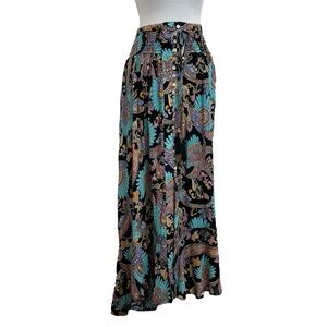 Haute Hippie Black & Blue Bright Floral Print Button Front High Low Maxi Skirt